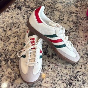 Adidas White Sneakers with Red and Green Stripes